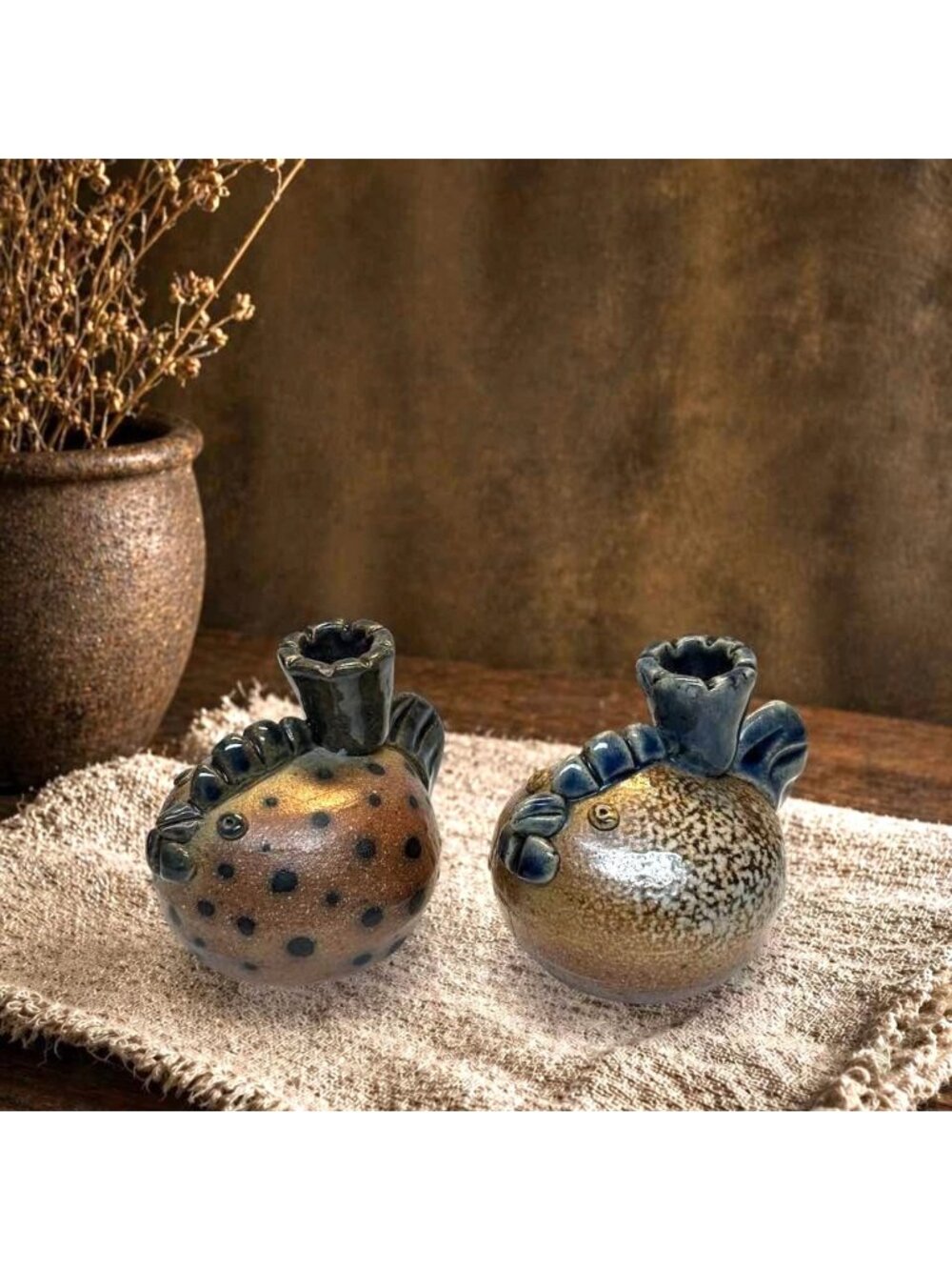 Pair of Studio Pottery Chicken Candle Holders | Handcrafted Stoneware Hen